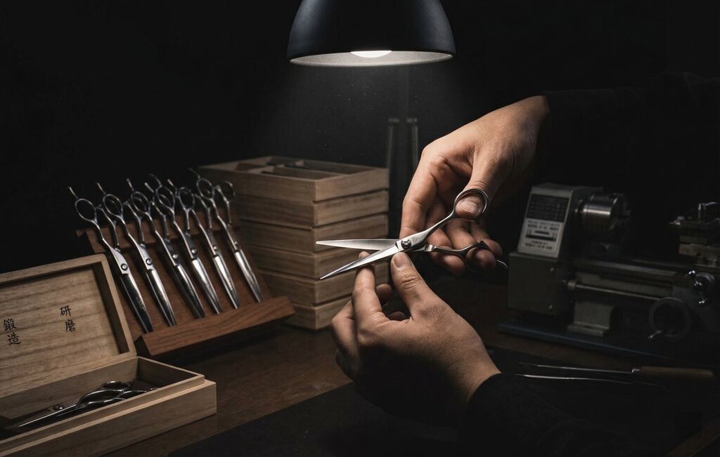 Mina Scissors manufacturing facility with organised display trays of professional hair cutting shears