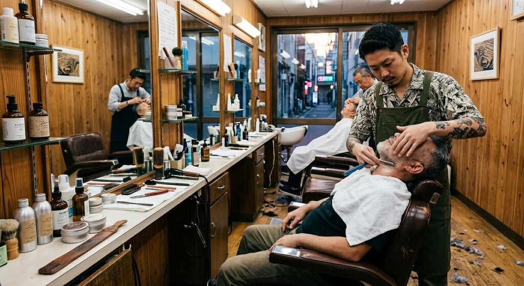 Traditional Japanese barbershop interior with warm natural window light and wooden fittings