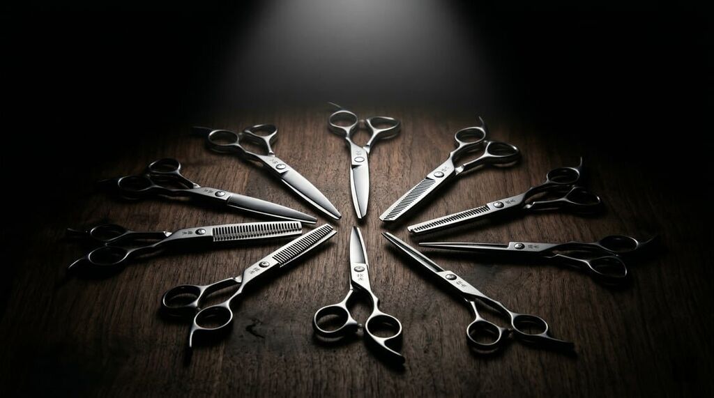 Collection of Mina hair cutting and thinning shears arranged in a circular pattern on dark wood