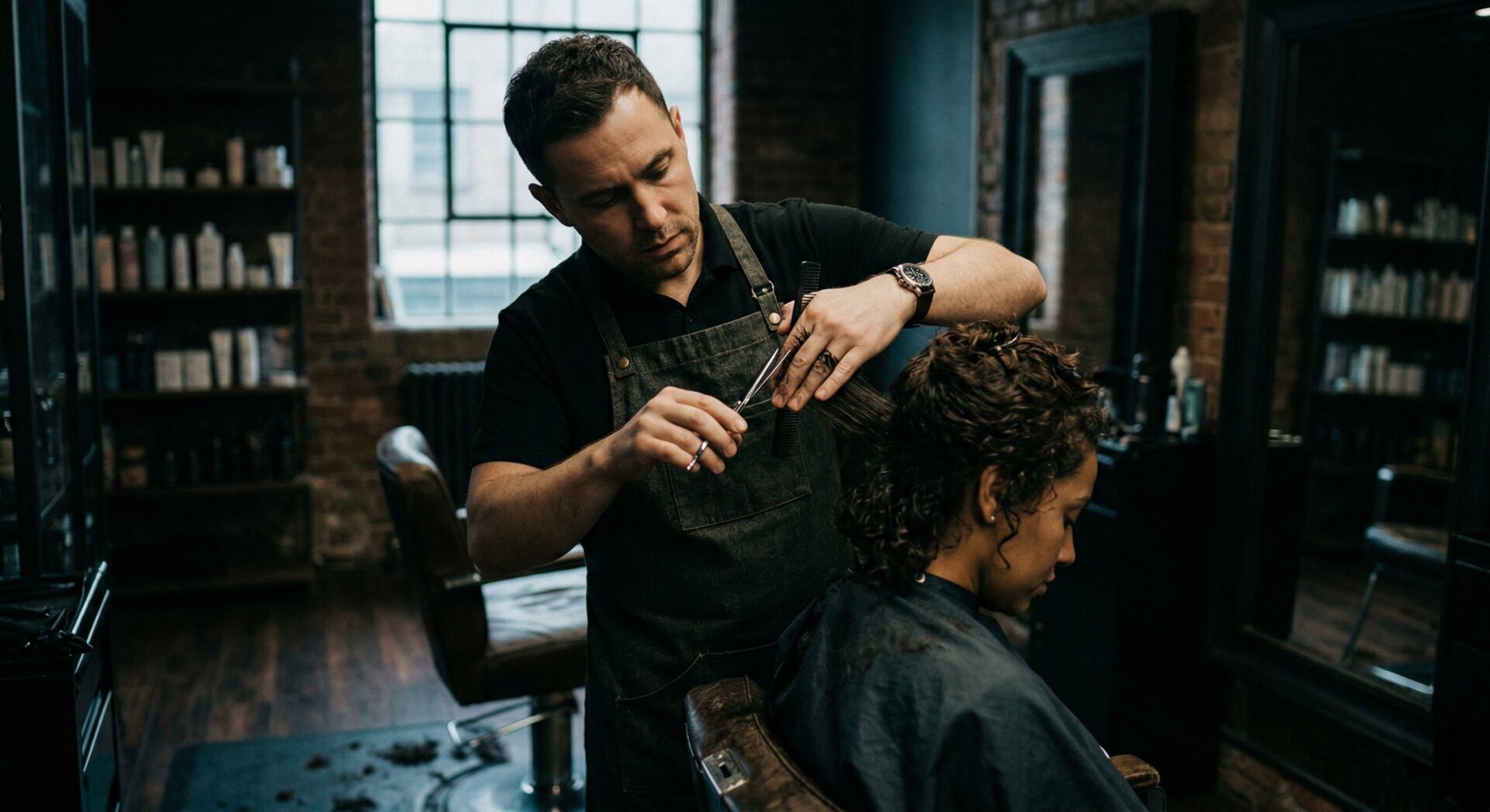 Barber cutting a customer's curly hair in a modern industrial-style salon with brick walls