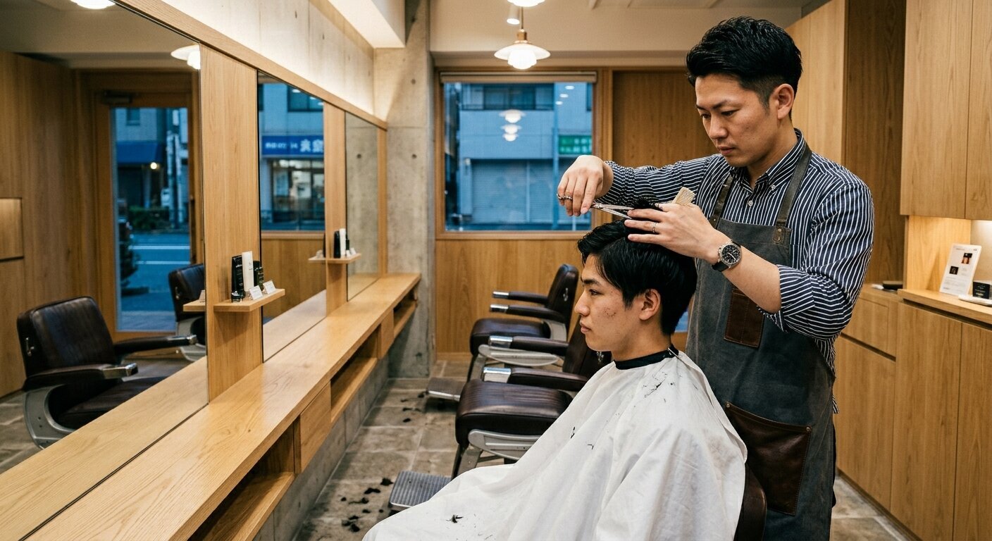 Male barber cutting a customer's hair in a modern barbershop with bright daylight and mirrors