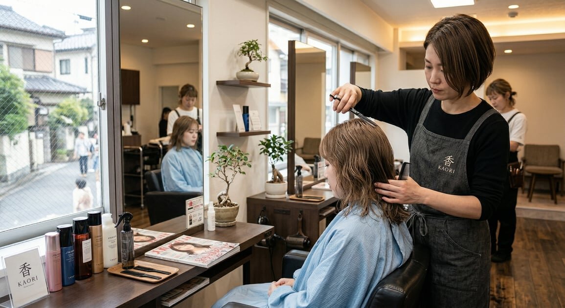 Female hairdresser cutting client's hair in a modern Japanese salon with natural window light