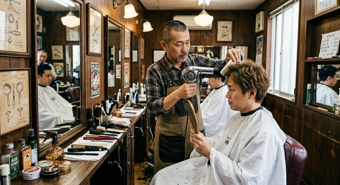 Traditional barbershop with older barber and customer in warm vintage lighting