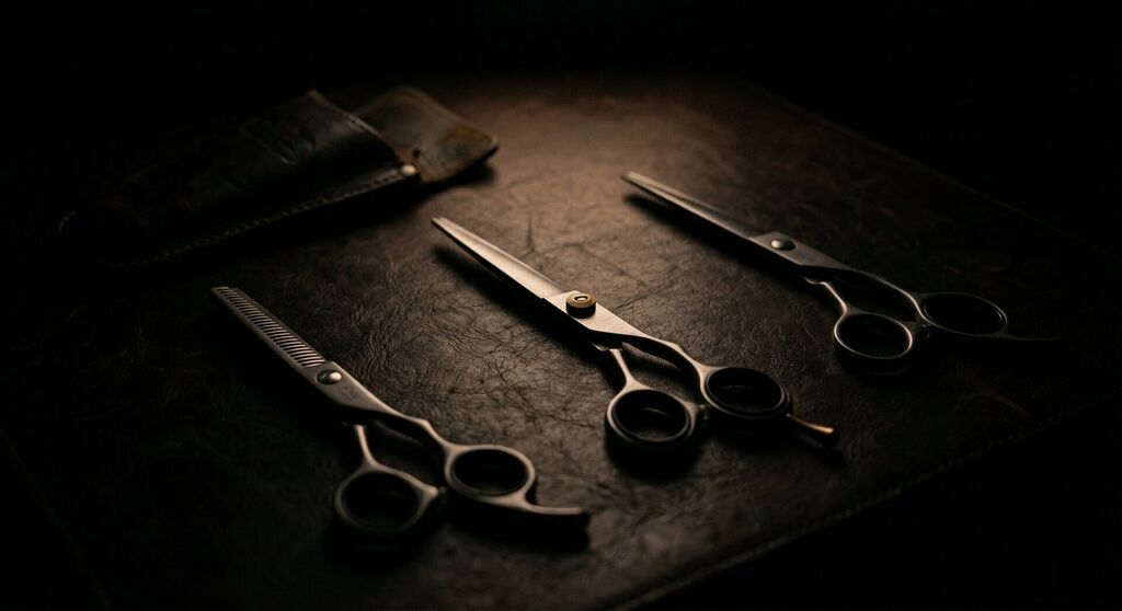 Mina Barber scissors and straight razors arranged on aged leather in dark moody lighting