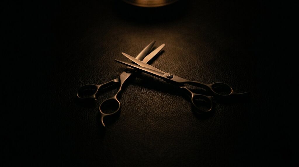 Mina Jay hair cutting scissors arranged with straight razors in cross pattern