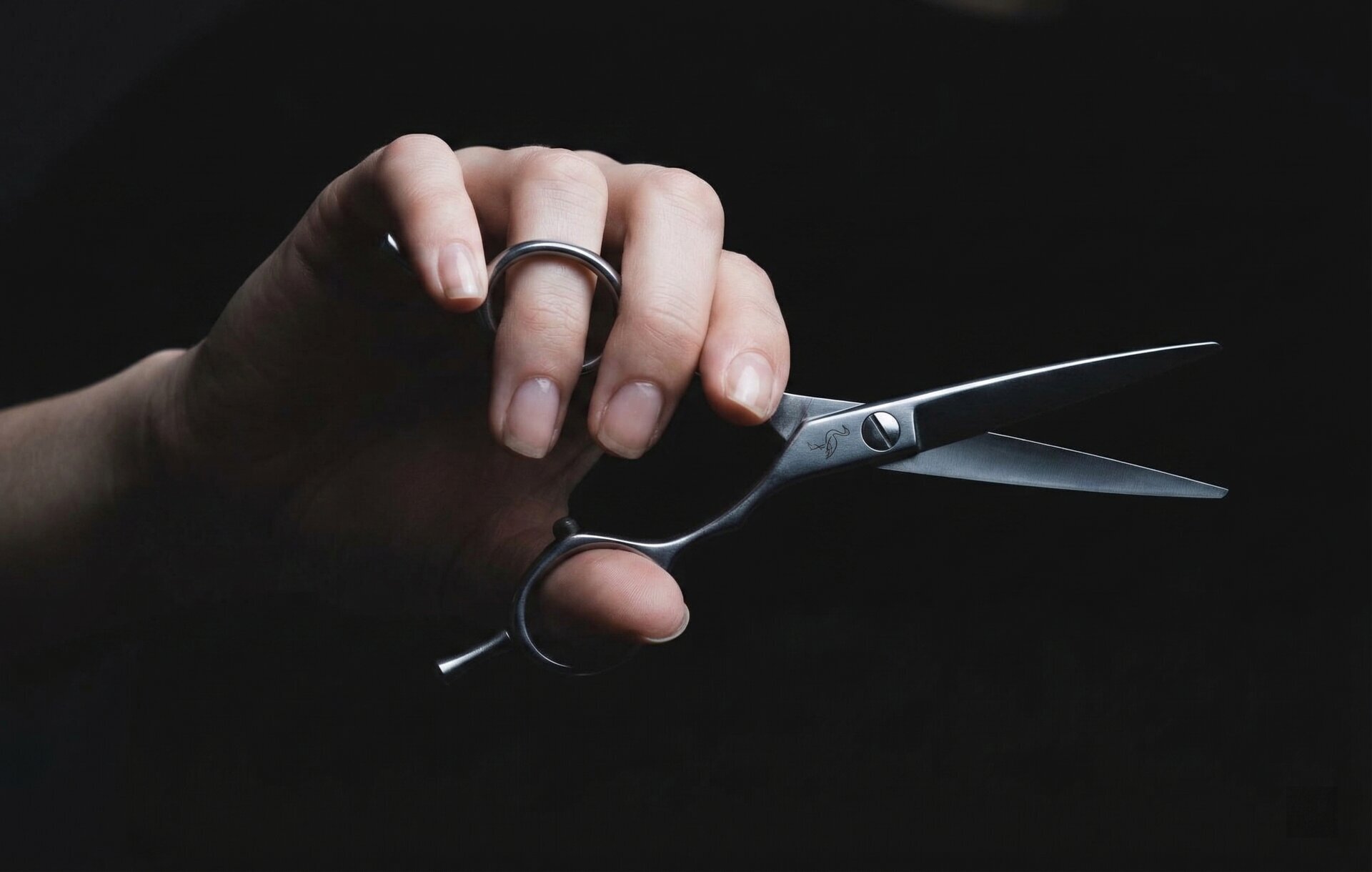 Mina Matte Black scissor held in professional hands with dark studio lighting