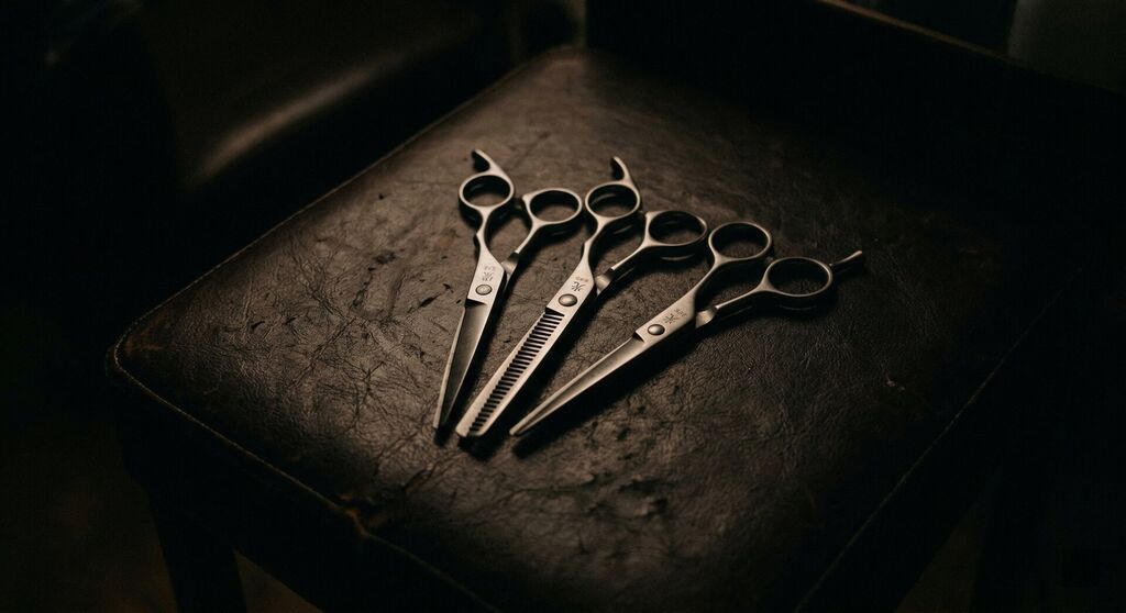 Mina Matte Black professional scissors on aged leather in dark moody lighting