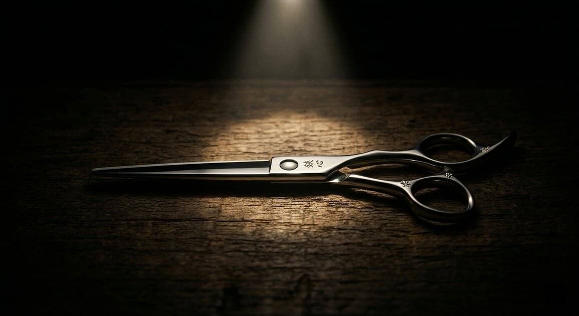 Mina Sakura cutting shear with flower-pattern handle detail, logo visible on the blade