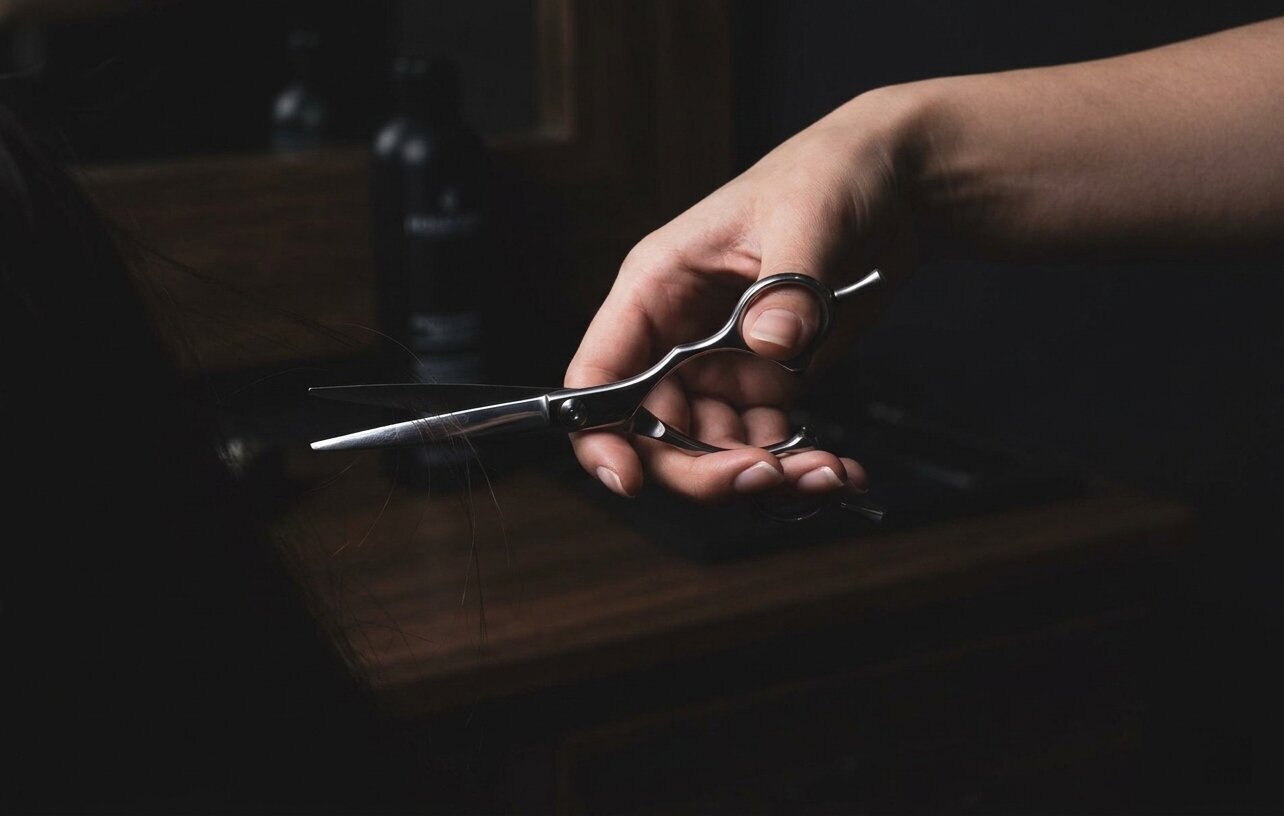 Mina Timeless scissor detail on dark wooden workbench with moody lighting