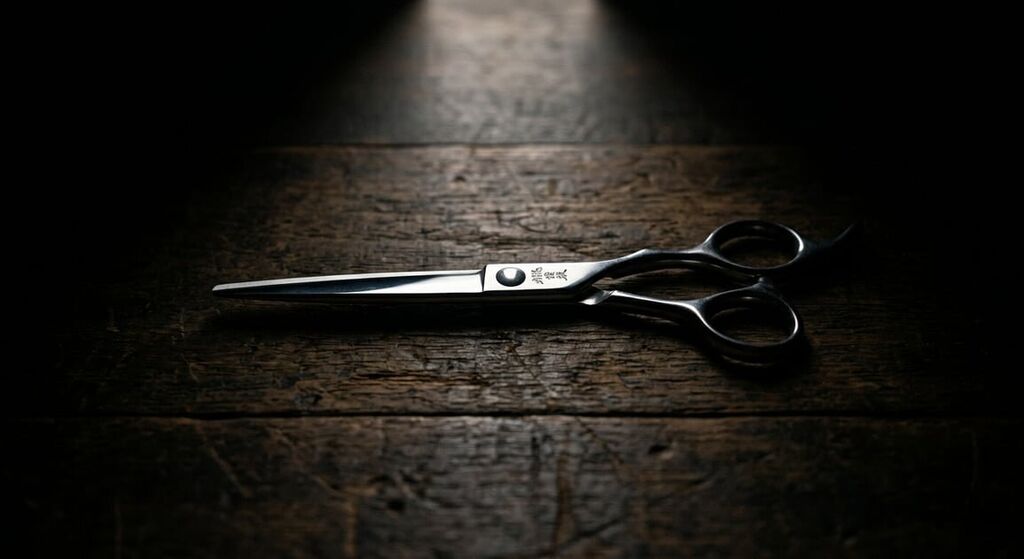 Detail of professional Mina hair cutting scissor with brand logo visible on the blade