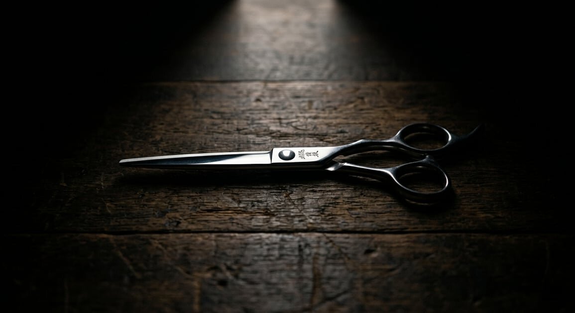 Mina Umi professional scissor with brand logo detail on the blade, dark moody spotlight