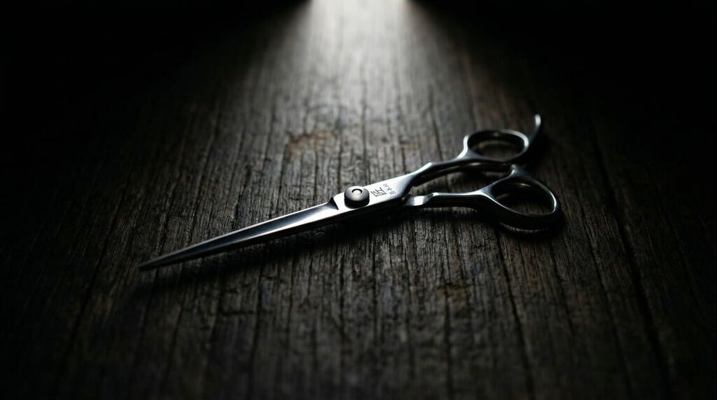 Mina Umi professional cutting shear close-up on dark wood with moody spotlight