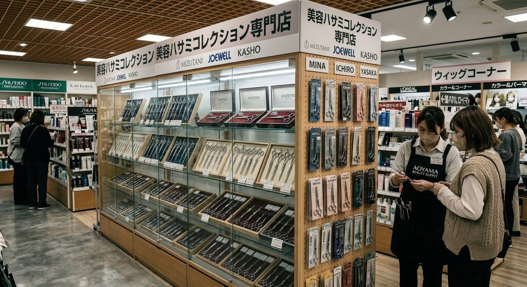 Large beauty supply retailer displaying Mina Scissors alongside other professional Japanese scissor brands