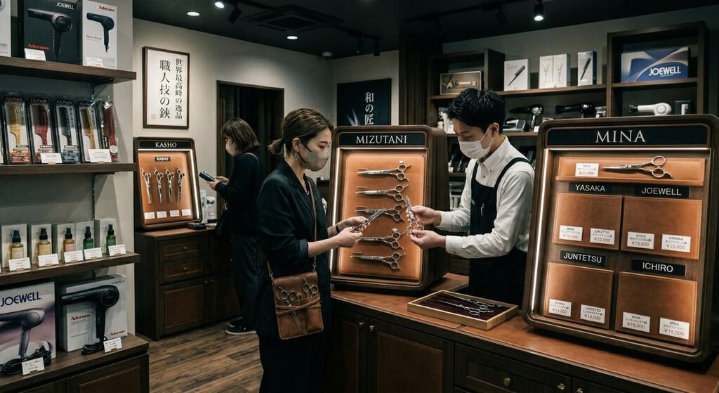 Loja premium de tesouras para cabeleireiros em Tóquio com Mina ao lado de outras marcas profissionais