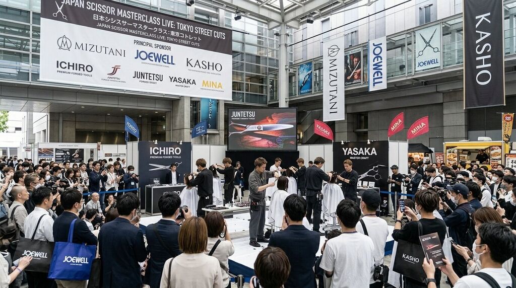 Japan Scissors Masterclass com Mina ao lado de outras marcas profissionais de tesouras