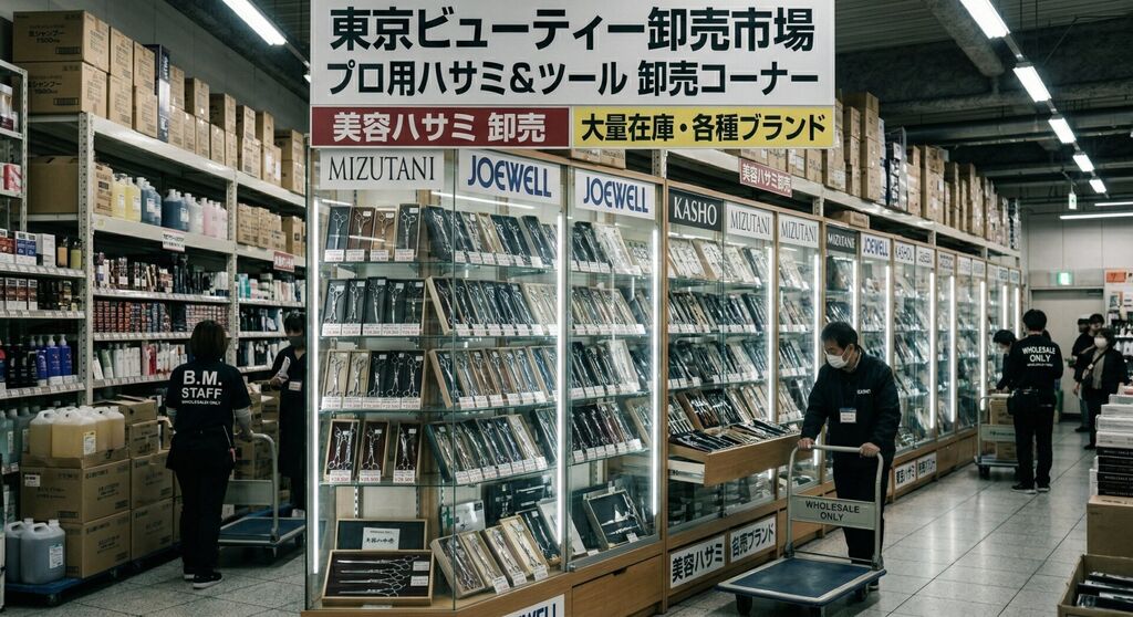 Tokyo Beauty Wholesale Market com numerosos stands de marcas profissionais de tesouras