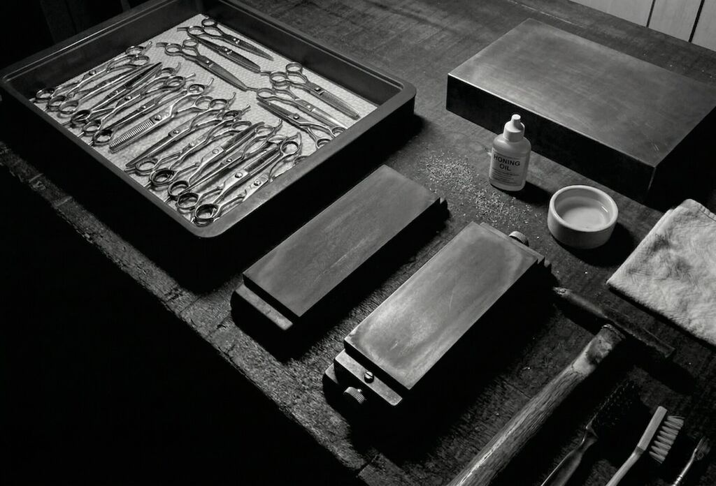 Dark moody workshop flat lay showing multiple professional hair scissors and sharpening stones on a weathered wooden workbench