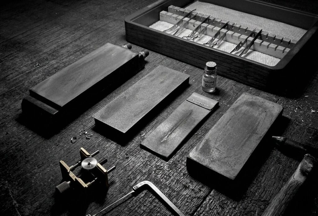 Professional sharpening stones and maintenance tools arranged on a dark surface in a workshop setting